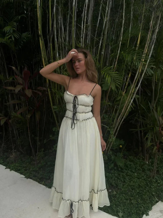 2025 Adjustable Lace Maxi Dress Off-shoulder Ruffle A-line Dress Beach To Cafe Cover Up Halter Neck Ruffle Maxi Dress New