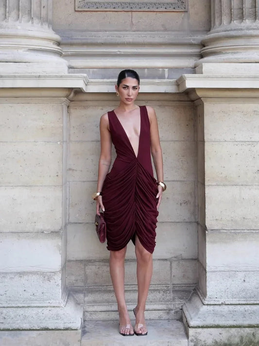 Sexy Deep V Neck Pleated Mini Dress Women Fashion Sleeveless High Waist Slim Dresses Elegant 2025 Summer Lady Daily Street Robes