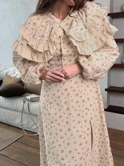 Slim Fit Pleated Printing Dress Women's Ruffle Split Long Vestidos V-neck Full Sleeve Elegant Party Wear 2025 Beach Gowns