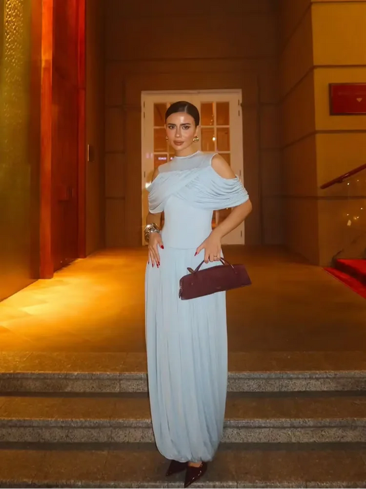 2025 Blue Off Shoulder Chiffon Dress Elegant Round Neck Pleated Shawl Patchwork Women Slim Dresses Fashion Lady Evening Robe