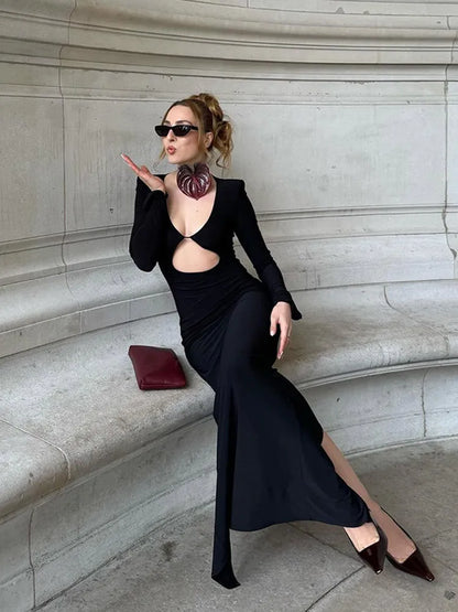 Solid Hollow Out Maxi Dress Women Fashion Sexy Long Sleeve V-neck High Waist Slim Dresses Lady New Chic Vacation Party Robes