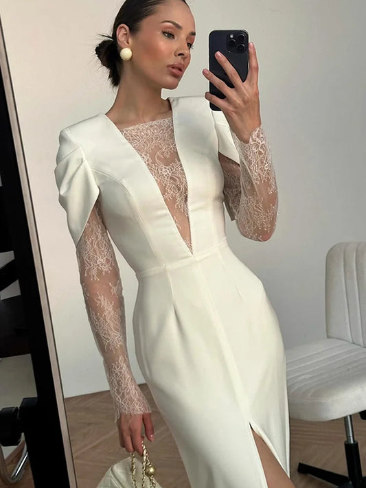 Sexy Lace Patchwork Midi Dress Women Elegant Full Sleeve Waist Cinching See Through Split Gowns 2026 Lady Evening Party Dresses