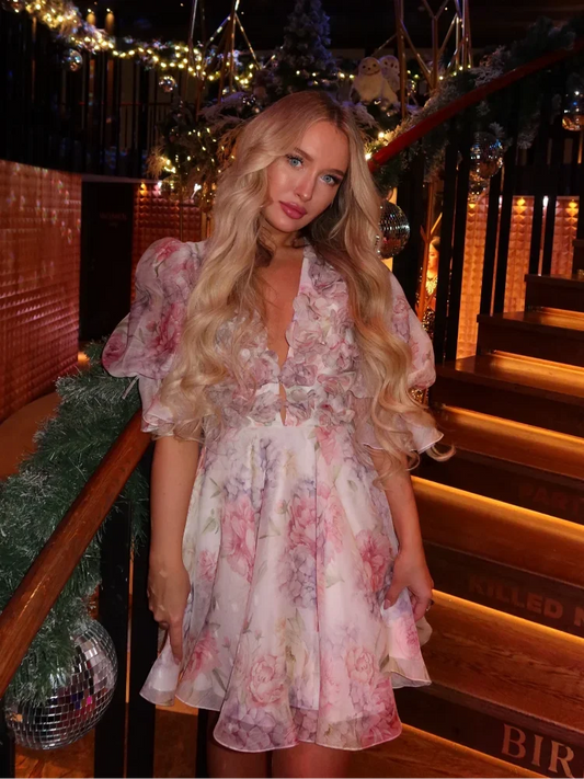 2025 Chiffon Floral Printed Mini Dress Elegant A-line Women's Ruffles High Waist Vestidos New Lady Holidays Party Robes Summer