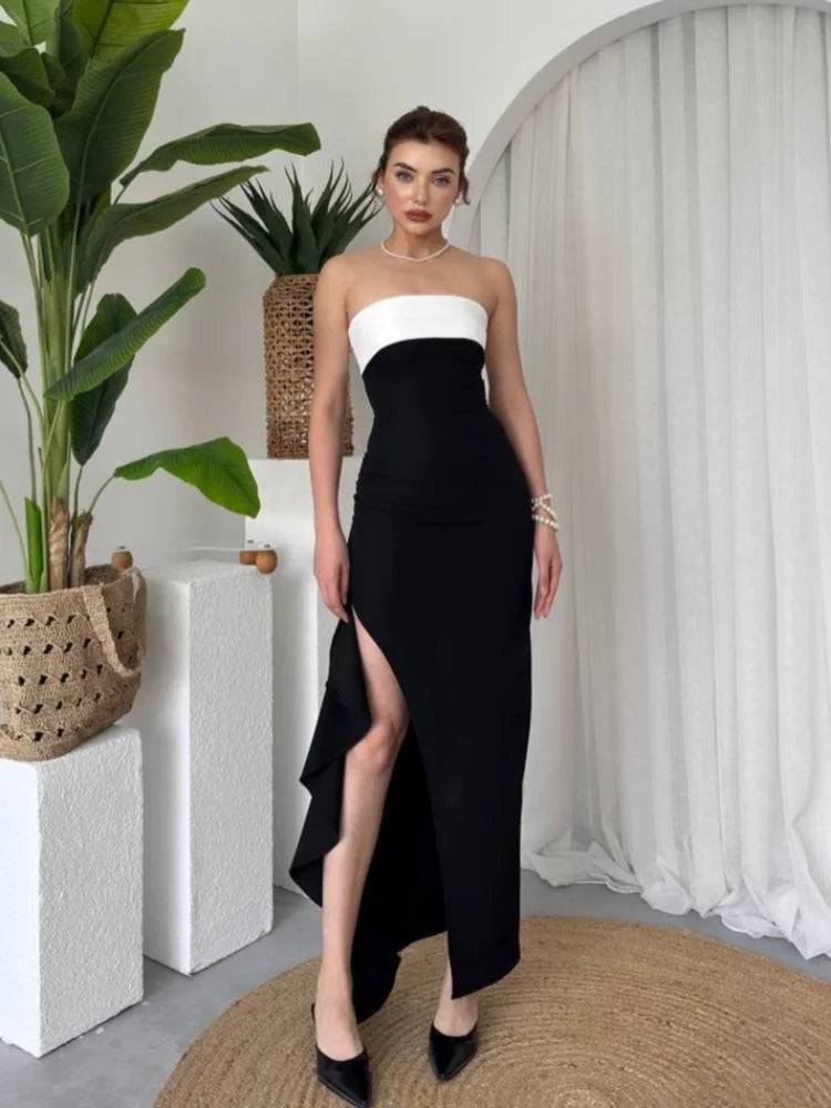 Color-blocked Strapless Backless Maxi Dress Lady Sexy Sleeveless Off-shoulder High Slit Slim Gowns Women Evening Party Dresses