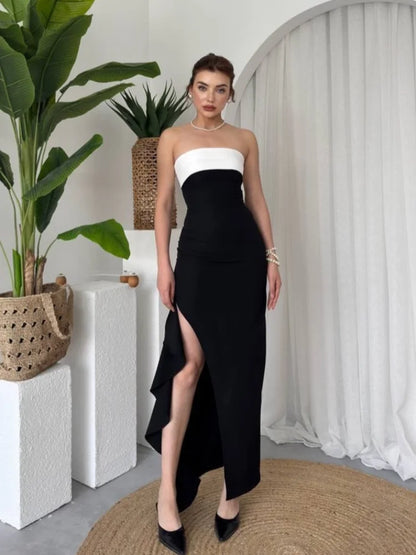Color-blocked Strapless Backless Maxi Dress Lady Sexy Sleeveless Off-shoulder High Slit Slim Gowns Women Evening Party Dresses