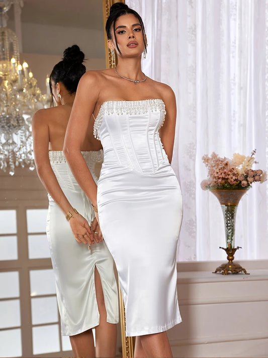 2024 White Beading Satin Dress Women Elegant Luxury Bodycon Party Dresses Sexy Long Tight Fitting Evening Dress