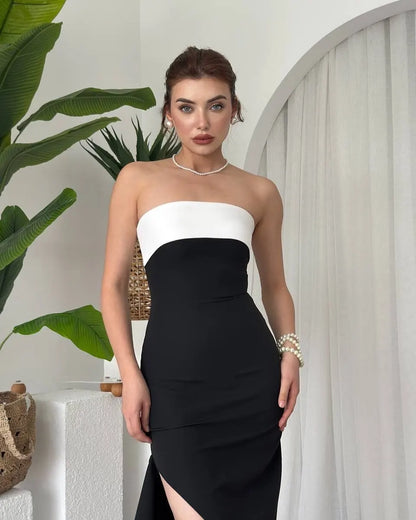Color-blocked Strapless Backless Maxi Dress Lady Sexy Sleeveless Off-shoulder High Slit Slim Gowns Women Evening Party Dresses