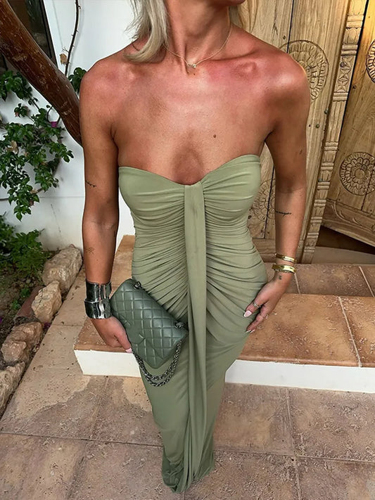Solid Strapless Pleated Long Dress Women Sexy Sleeveless Backless Bodycon Maxi Dress Summer Lady New Chic Evening Party Robes
