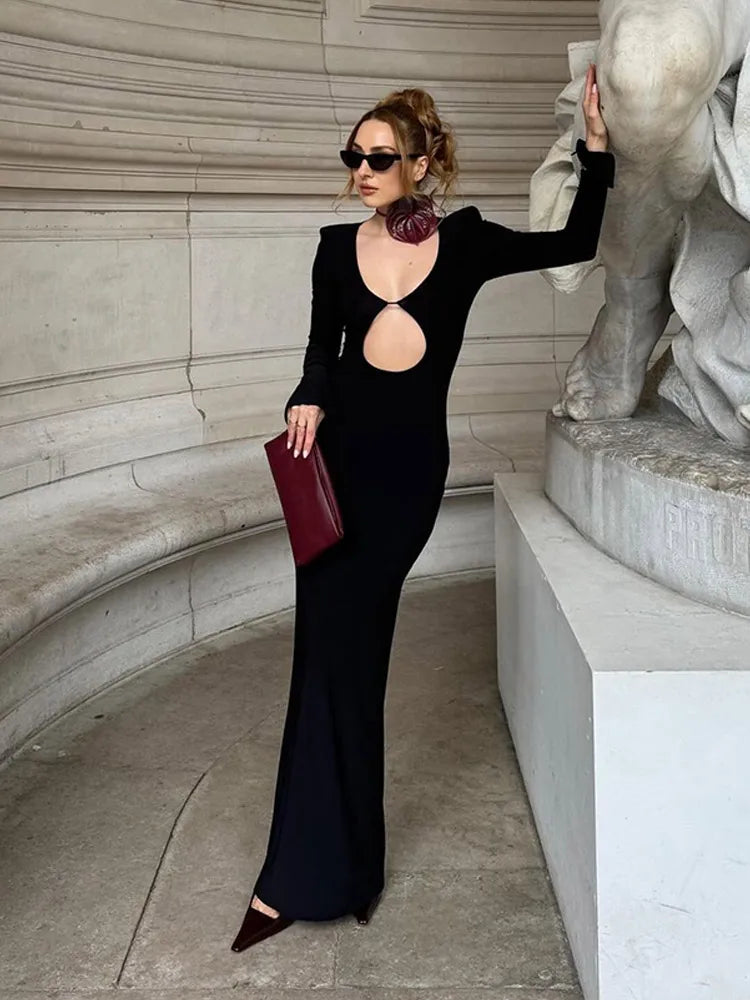 Solid Hollow Out Maxi Dress Women Fashion Sexy Long Sleeve V-neck High Waist Slim Dresses Lady New Chic Vacation Party Robes