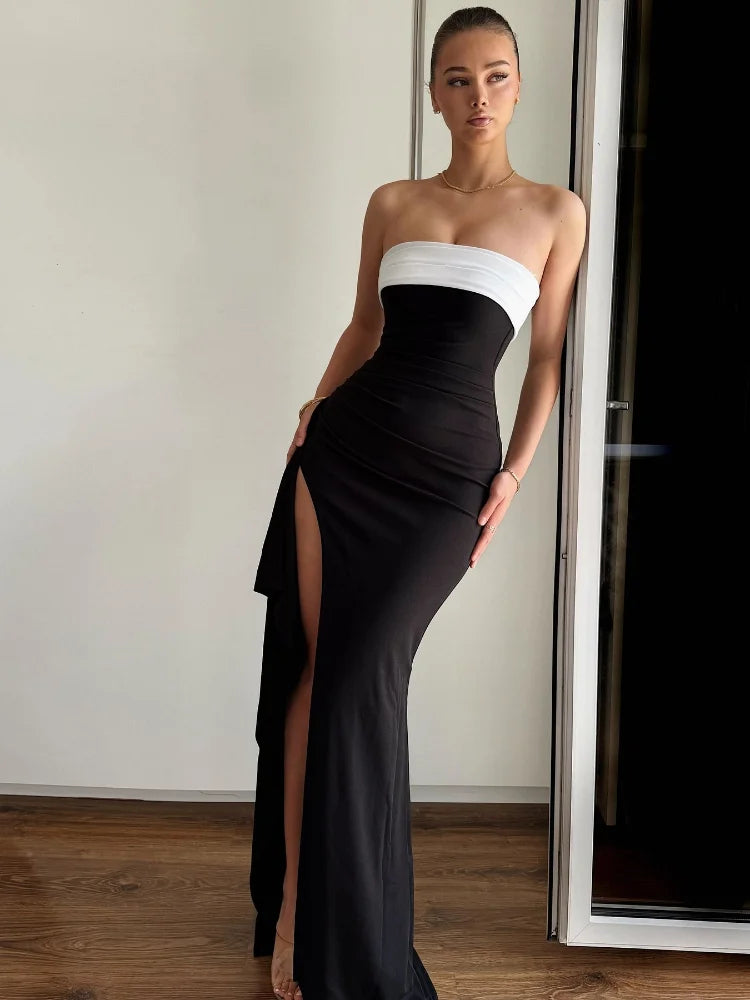 Color-blocked Strapless Backless Maxi Dress Lady Sexy Sleeveless Off-shoulder High Slit Slim Gowns Women Evening Party Dresses
