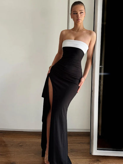 Color-blocked Strapless Backless Maxi Dress Lady Sexy Sleeveless Off-shoulder High Slit Slim Gowns Women Evening Party Dresses