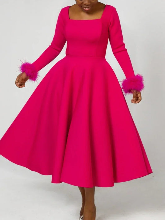 2023 Autumn Winter New Women Elegant Christmas Party Dress Long Sleeve With Feathers Pleated Hem Formal Evening Prom Event Gown