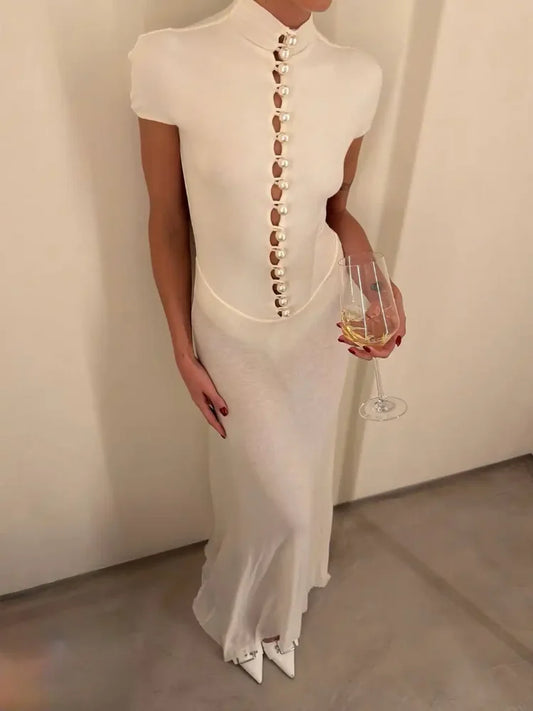 Sexy Bead Hollow-out Turtleneck Dress Women Elegant Short Sleeve See Through Slim Long Dresses 2026 Lady Evening Party Vestidos