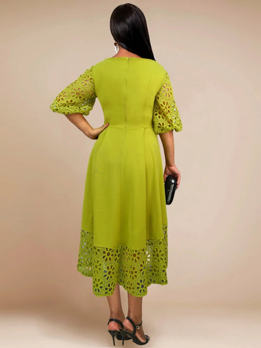 2025 Elegant Green Dress For Women O Neck Patchwork Lace Hollow Out Short Puff Sleeves A Line Pleated Classy Office Lady Party