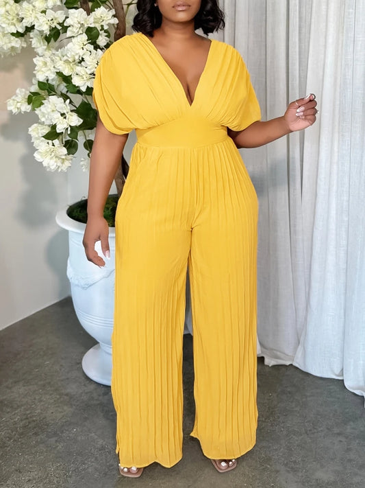2024 New Vacation Casual Women's Sexy V-neck Solid Color Pleated Jumpsuit High Waist Wide Leg Pants One-piece Women's Clothing
