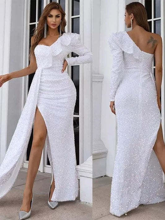 Chic One-shoulder Sequin Dress Women Elegant Full Sleeve Pleated High Waist Split Maxi Dresses 2026 Lady Evening Party Vestidos