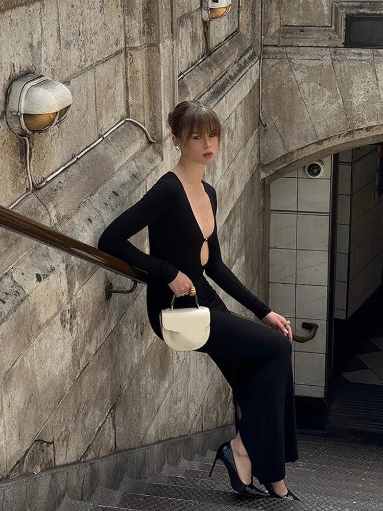 Solid Hollow Out Maxi Dress Women Fashion Sexy Long Sleeve V-neck High Waist Slim Dresses Lady New Chic Vacation Party Robes