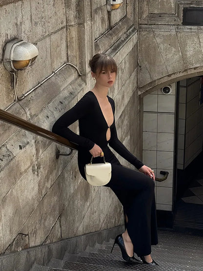 Solid Hollow Out Maxi Dress Women Fashion Sexy Long Sleeve V-neck High Waist Slim Dresses Lady New Chic Vacation Party Robes