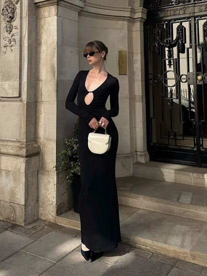 Solid Hollow Out Maxi Dress Women Fashion Sexy Long Sleeve V-neck High Waist Slim Dresses Lady New Chic Vacation Party Robes