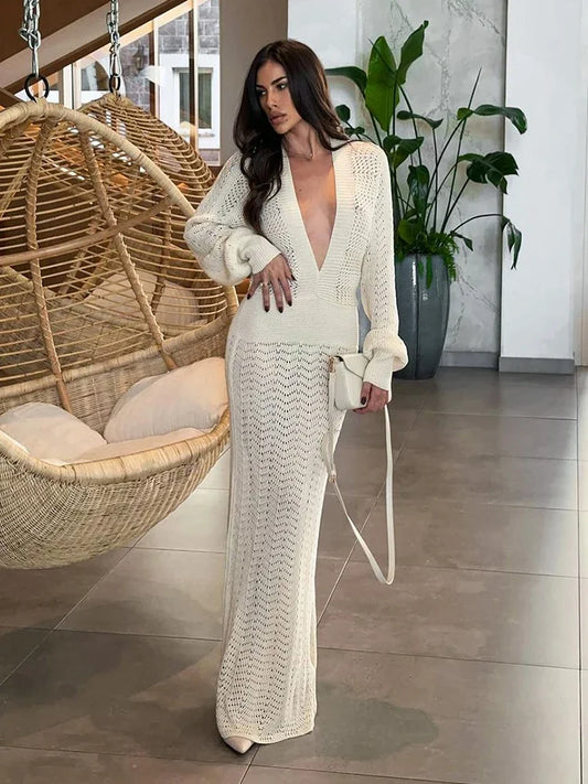 Elegant Deep V-neck High Waist Full Sleeves Women's Long Dress Solid Hollowed Out Vestidos Chic New High Street Dresses New 2025