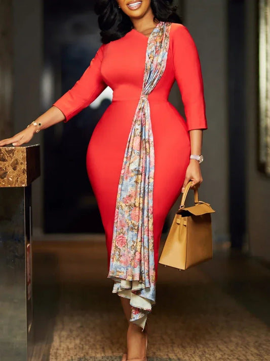 2024 Women's Dress Autumn Long Sleeve Printed Splicing OL Office Commuter Work Clothes Cocktail Party Slimming Evening Dresses