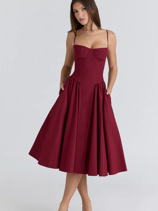 Elegant Pleaded Sling Midi Dress Women Chic Waist Cinching Off-shoulder Backless Long Dresses 2026 Lady Evening Party Vestidos