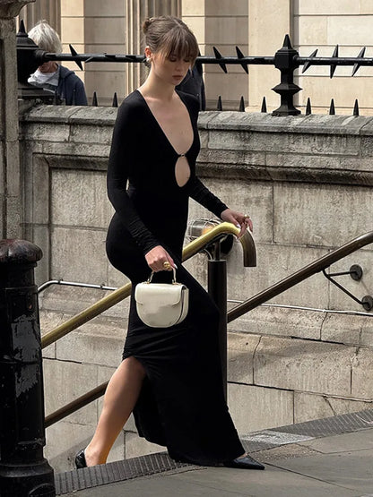 Solid Hollow Out Maxi Dress Women Fashion Sexy Long Sleeve V-neck High Waist Slim Dresses Lady New Chic Vacation Party Robes