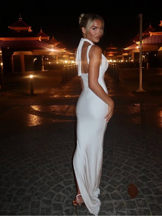 Elegant Sleeveless Lace Up Halter Dress Women Solid Backless Off Shoulder Pleated Slim Maxi Dresses 2026 Lady Evening Party Gown