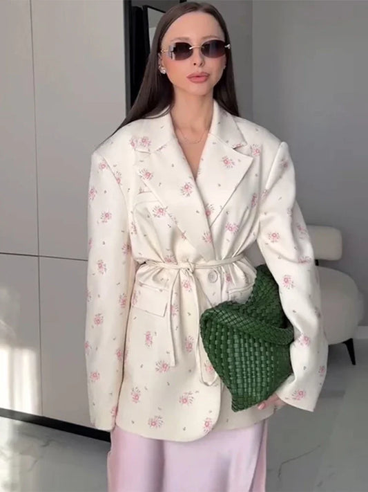 2025 Elegant Floral Printed Single Breasted Coat Women Chic Full Sleeve Lace Up Lapel High Waist V-neck Top Ladies Street Outfit