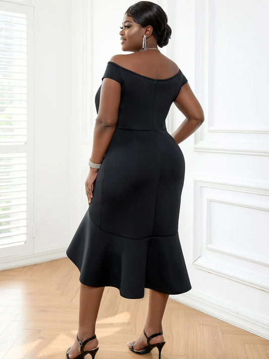 2023 Summer New Women Black Ruffle Party Dress Sexy Bare Shoulder Big Bow Irregular Peplum Robes Slim Sheath Evening Club Gowns