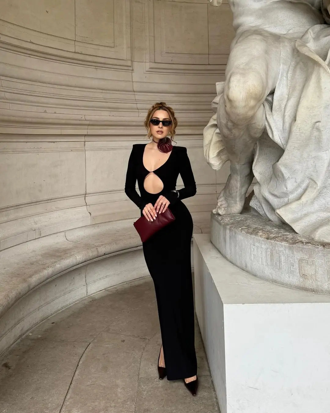 Solid Hollow Out Maxi Dress Women Fashion Sexy Long Sleeve V-neck High Waist Slim Dresses Lady New Chic Vacation Party Robes