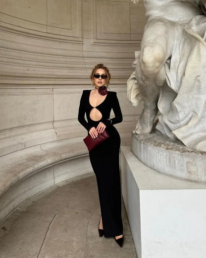 Solid Hollow Out Maxi Dress Women Fashion Sexy Long Sleeve V-neck High Waist Slim Dresses Lady New Chic Vacation Party Robes