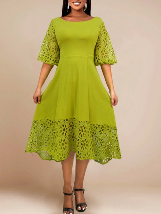 2025 Elegant Green Dress For Women O Neck Patchwork Lace Hollow Out Short Puff Sleeves A Line Pleated Classy Office Lady Party