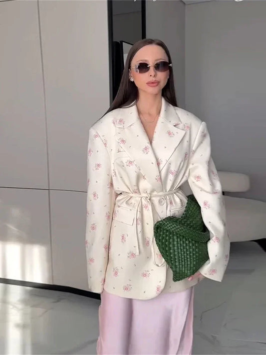 2025 Elegant Floral Printed Single Breasted Coat Women Chic Full Sleeve Lace Up Lapel High Waist V-neck Top Ladies Street Outfit