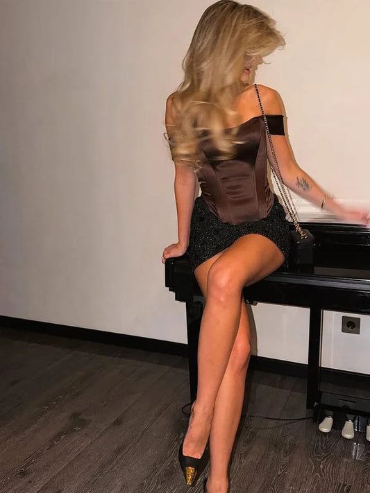 Sexy Women Sequin Patchwork Strapless Mini Dress Chic Off-shoulder Sleeveless Satin Slim Robe 2026 Lady Club Party Evening Gowns